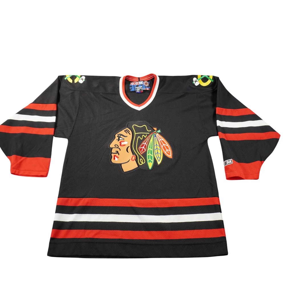 Vintage CCM Chicago Blackhawks Jersey Mens Large Black NHL Hockey Embroidered